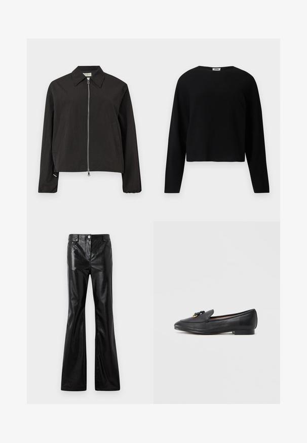 Sort jakke med lange ærmer, sølvfarvet lynlås foran, spids krave og to sidelommer på en lysegrå baggrund.; Sort, langærmet cropped strikket sweater med rund halsudskæring og afslappet pasform, vist mod en hvid baggrund.; Rabanne Loose-jeans - black; Sort læderloafer med rundet tå, dekorativ knude og gulddetalje på overdelen samt lav, firkantet hæl. Glat tekstur.