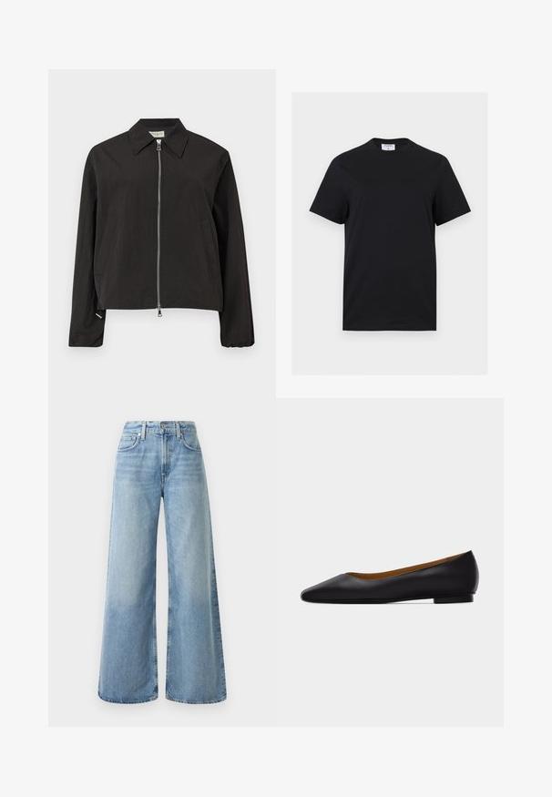 Chaqueta negra de manga larga con cremallera plateada frontal, cuello puntiagudo y dos bolsillos laterales sobre un fondo gris claro.; Camiseta negra de manga corta con cuello redondo y una etiqueta blanca que dice "FILIPPA K" en el interior del cuello trasero, mostrada sobre un fondo blanco.; Jeans de mezclilla anchos de color azul claro con una cintura alta, que cuentan con cuatro bolsillos, un cierre de botón y un ligero desgaste en la tela.; Zapato plano de punta puntiaguda de cuero negro con tacón bajo y acabado liso, mostrado de perfil sobre un fondo gris claro.