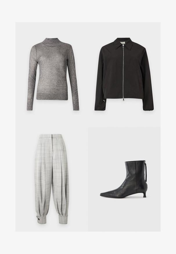 Sort jakke med lange ærmer, sølvfarvet lynlås foran, spids krave og to sidelommer på en lysegrå baggrund.; Grå turtleneck sweater med lange ærmer, lavet af et glitrende strikket stof. Har et tætsiddende design og en ribbet krave.; Lysegrå, højtaljede, tilspidsede bukser med subtilt ternet mønster, plisseret front og knappede manchetter ved anklen.; Sort læderankelstøvle med spids tå, struktureret form og lav hæl. Har en sidesyning og minimalistisk design.
