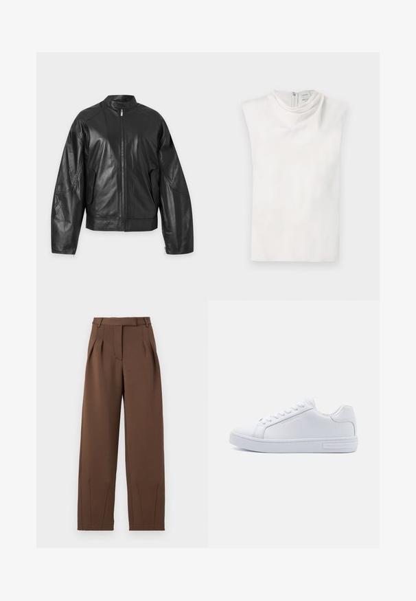 Veste en cuir noire zippée avec col montant et manches longues, présentée à plat sur fond blanc.; Haut blanc sans manches avec un col montant et une fermeture éclair au dos, présenté à plat sur un fond blanc.; Pantalons marron en tissu lisse, avec une taille haute, des plis avant et une coupe décontractée. Comprend des poches latérales et des jambes fuselées.; Baskets basses en cuir blanc avec bout rond, semelle en caoutchouc plate et détail de logo sur le côté. Comprend six paires d'œillets et des accents texturés.