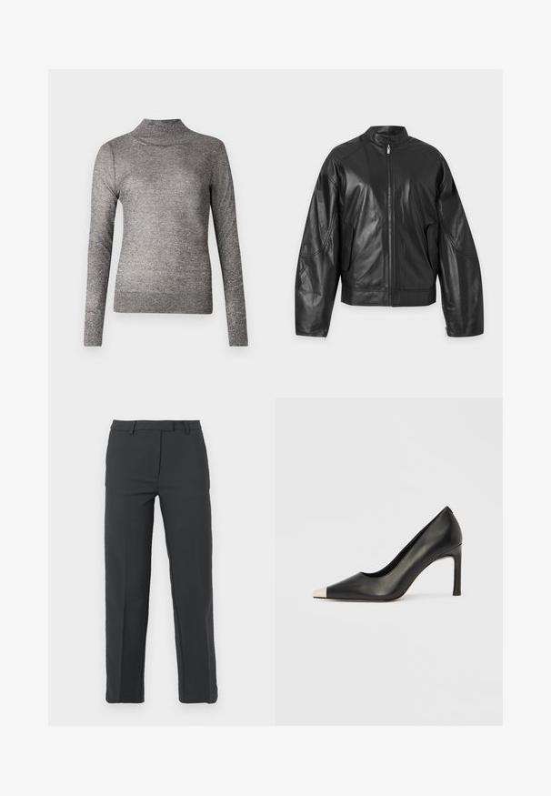 Chaqueta negra de cuero con cremallera, cuello alto y mangas largas, mostrada extendida sobre un fondo blanco.; Suéter gris de cuello vuelto con mangas largas, elaborado en un tejido de punto brillante. Presenta un diseño ajustado y un cuello acanalado.; Pantalones negros a medida con diseño de frente plano, presillas para cinturón, piernas rectas y sin bolsillos visibles. Textura de tela suave.; Zapato de tacón alto de cuero negro con punta en forma de pico y una tapa metálica plateada. Presenta un acabado suave y un tacón delgado de 10 cm.