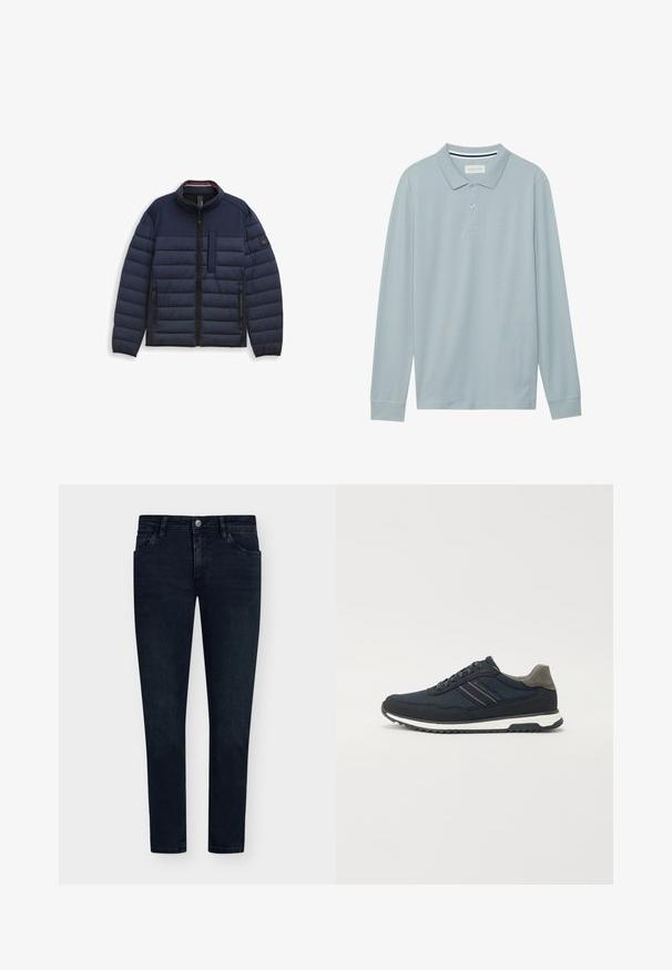 Veste en duvet marine avec col montant, design matelassé, fermeture éclair frontale et poche poitrine. Tissu texturé et chaud avec poches latérales.; Polo à manches longues en bleu clair avec un col plat, une patte de boutonnage à trois boutons et un tissu texturé subtil. Présente un col intérieur rayé.; Jean en denim bleu foncé avec une coupe ajustée, design à cinq poches, fermeture à bouton et léger délavage. Pantalon à l'avant plat et jambes étroites.; Baskets en mesh et suède bleu marine avec un accent de talon gris ; dotées d'une semelle intermédiaire blanche et d'une semelle extérieure noire texturée ; détails de rayure minimalistes.