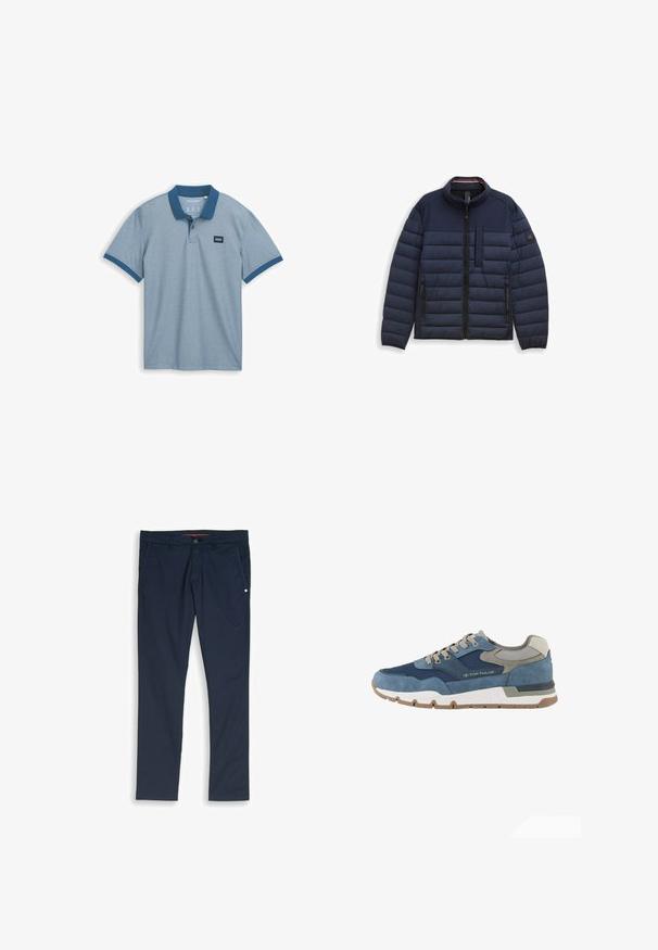 Marineblauwe pufferjack met een hoge kraag, geborduurd ontwerp, vooraan met ritssluiting en een borstzak. Gelaagd, warm materiaal met zijzakken.; Lichtblauwe polo shirt met een effen marineblauwe kraag, korte mouwen en een klein stoffen label op de borst, gemaakt van gestructureerd katoenmateriaal.; Marineblauwe slim-fit herenbroek met knoop- en ritssluiting aan de voorkant, zijzakken en een klein reflecterend detail op de rechterzak.; TOM TAILOR LICENCE SNEAKER MIT -BLOCKING - Sneakers laag - navy