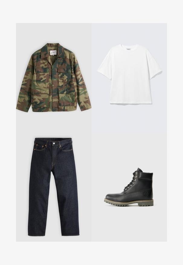 Herre camouflagemodel jakke med fire forlommer med klapper og en krave, lavet af robust stof, mærket Levi Strauss.; Hvid oversized t-shirt med korte ærmer og rund halsudskæring med sænkede skuldre, fladt lagt på lys grå baggrund.; Mørkeblå denimjeans med lige pasform, fem lommer, kontrasterende orange syning og knaplukning. Ingen synlige mønstre eller udsmykninger.; Sorte læder ankelstøvler med snøredesign, polstret krave og en tekstureret panel. Har en robust sål og prægede logo på siden.