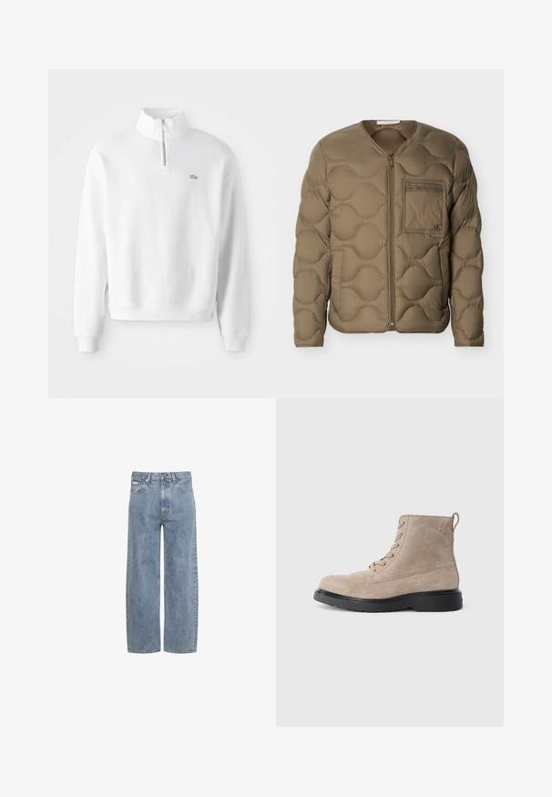 Veste matelassée en vert olive avec texture matelassée, fermeture éclair frontale et poche poitrine. Comprend des poignets côtelés et une coupe décontractée.; Sweatshirt blanc avec col zippé à mi-hauteur, manches longues et poignets côtelés. Présente un petit logo sur la poitrine et un design à coupe décontractée.; Jean bleu clair droit avec fermeture éclair et bouton à l'avant, passants de ceinture et design cinq poches.; Bottines en daim beige avec semelle en caoutchouc noir, design à lacets, et un petit logo embossé sur le côté, avec une languette à l'arrière.