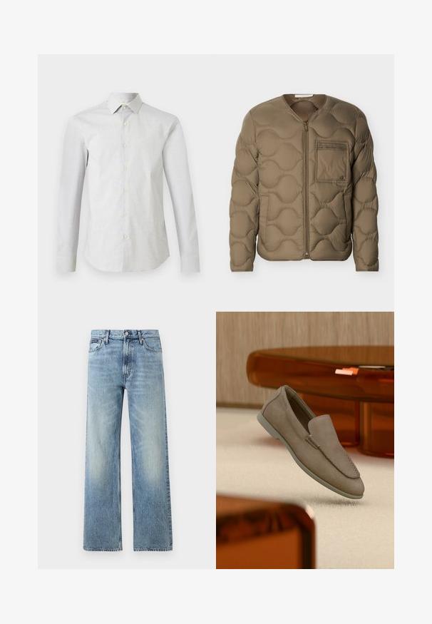 Veste matelassée en vert olive avec texture matelassée, fermeture éclair frontale et poche poitrine. Comprend des poignets côtelés et une coupe décontractée.; Chemise blanche à manches longues avec un motif subtil de petits pois, col classique et silhouette cintrée.; Jean droit en denim bleu clair avec taille haute, cinq poches, fermeture à boutons et léger délavage sur les cuisses et les genoux.; Mocassin beige en daim à enfiler avec coutures visibles et semelle claire, positionné au-dessus d'un tapis crème, avec un meuble translucide orange en arrière-plan.