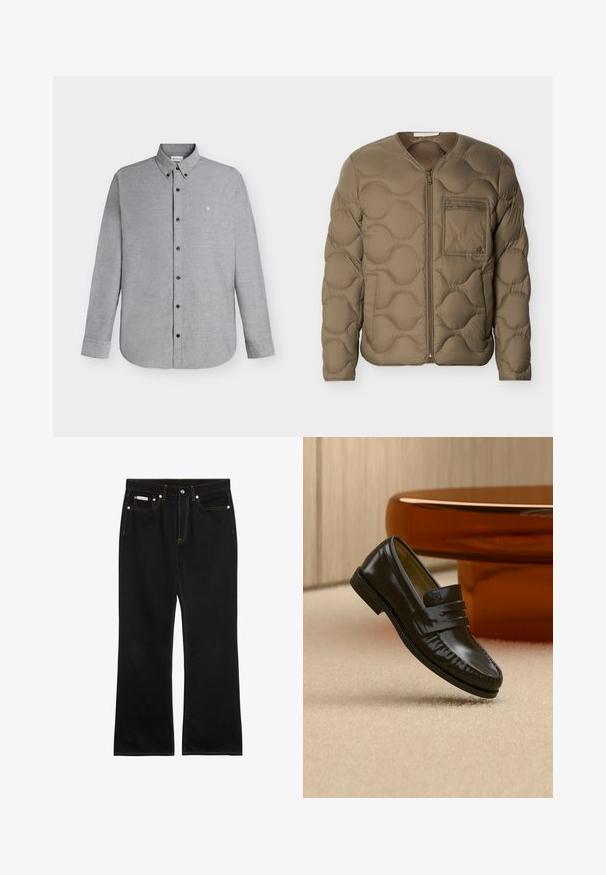 Veste matelassée en vert olive avec texture matelassée, fermeture éclair frontale et poche poitrine. Comprend des poignets côtelés et une coupe décontractée.; Chemise gris clair à manches longues avec boutons, col boutonné et petit logo "cK" brodé sur la poitrine gauche.; Jean noir droit avec coutures orange, cinq poches, fermeture par bouton, et une petite étiquette Calvin Klein sur la poche avant droite.; Mocassin en cuir noir brillant avec un détail de bride, posé sur un tapis beige près d'une table basse ronde en bois brun dans une pièce doucement éclairée.