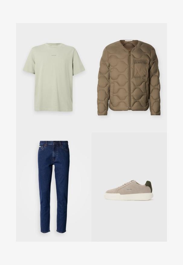 Veste matelassée en vert olive avec texture matelassée, fermeture éclair frontale et poche poitrine. Comprend des poignets côtelés et une coupe décontractée.; T-shirt en coton vert clair avec un col rond, des manches courtes et un petit logo Calvin Klein imprimé en une teinte plus foncée sur la poitrine.; Jean en denim bleu foncé avec coupe droite, comprenant cinq poches, rivets en cuivre, et une taille classique avec une fermeture par bouton.; Baskets en suède beige avec une semelle en caoutchouc blanche, présentant un accent de talon vert foncé et une branding subtile sur le côté.