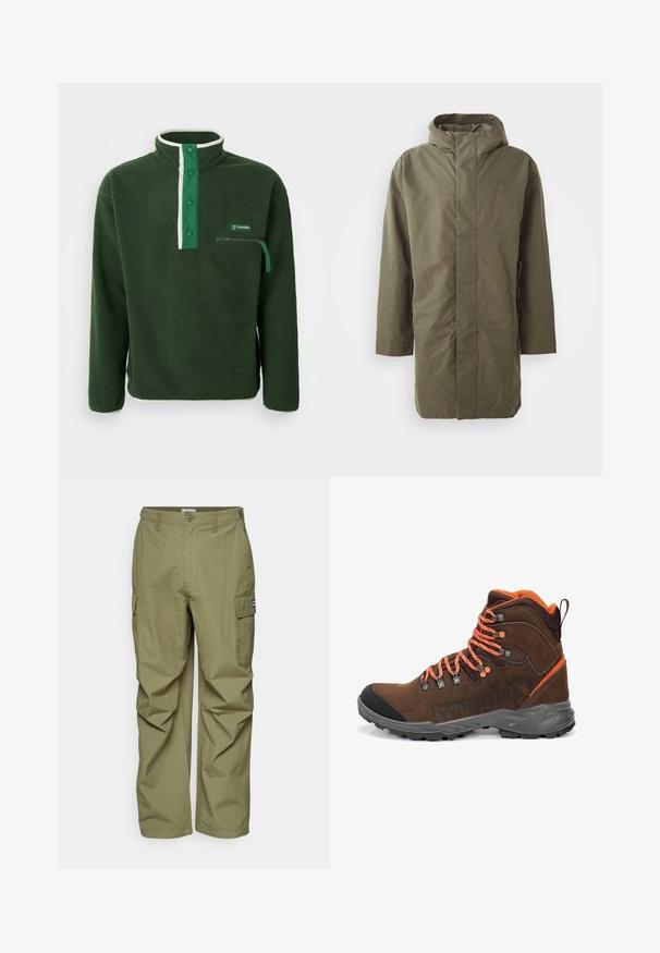Chaqueta impermeable verde oliva con capucha, mangas largas, corte recto y cierre frontal oculto. Textura suave y diseño minimalista.; Polaire verde con cuello alto, que presenta una cremallera blanca en contraste, botones a presión y un bolsillo en el pecho con cremallera. Tejido texturizado.; Pantalones cargo en verde oliva claro, con múltiples bolsillos laterales, cierre de botón y un corte relajado. Fabricados en tejido texturizado.; Bota de senderismo marrón con acentos naranjas, que cuenta con un collar acolchado, ojales de metal para los cordones y una suela de goma texturizada. Ideal para uso al aire libre.