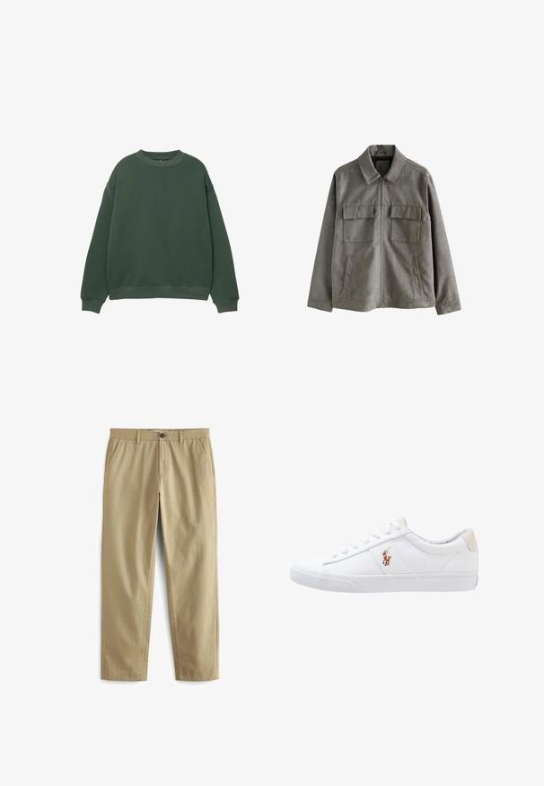 Graue Jacke aus weichem Stoff, mit durchgehendem Reißverschluss, spitzem Kragen, zwei Brusttaschen und seitlichen Einschubtaschen. Sauberes, minimalistisches Design.; Dunkelgrüner Pullover mit Rundhalsausschnitt, langen Ärmeln und gerippten Bündchen. Hergestellt aus einem weichen, strukturierten Stoff mit einer lockeren Passform.; Beige Hose aus Baumwollgemisch mit Knopfverschluss, zwei Fronttaschen und geraden Beinen mit minimaler Textur.; Weiße Leinensneaker im Low-Top-Design mit einem beigen Ferseneinsatz und einem kleinen gestickten Logo an der Seite. Gummisohle.