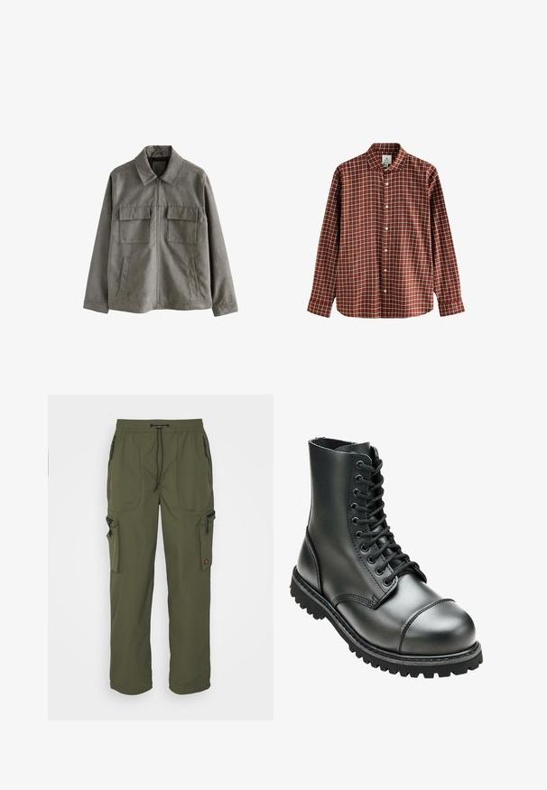 Grå jakke lavet af blødt stof, med lynlås foran, spids krave, to brystlommer og sidelommer med åbning. Ren, minimalistisk design.; Rød og hvid ternet langærmet skjorte med krave, størrelse medium, almindelig pasform, lagt fladt på en hvid baggrund.; Oliven grøn cargo bukser lavet af let materiale, med elastisk talje, snorelukning og flere lynlåslommer.; Sort læderkampstøvle med høj ankel, rund tå, snørebånd foran og robust gummisål med dybe mønstre for godt greb.