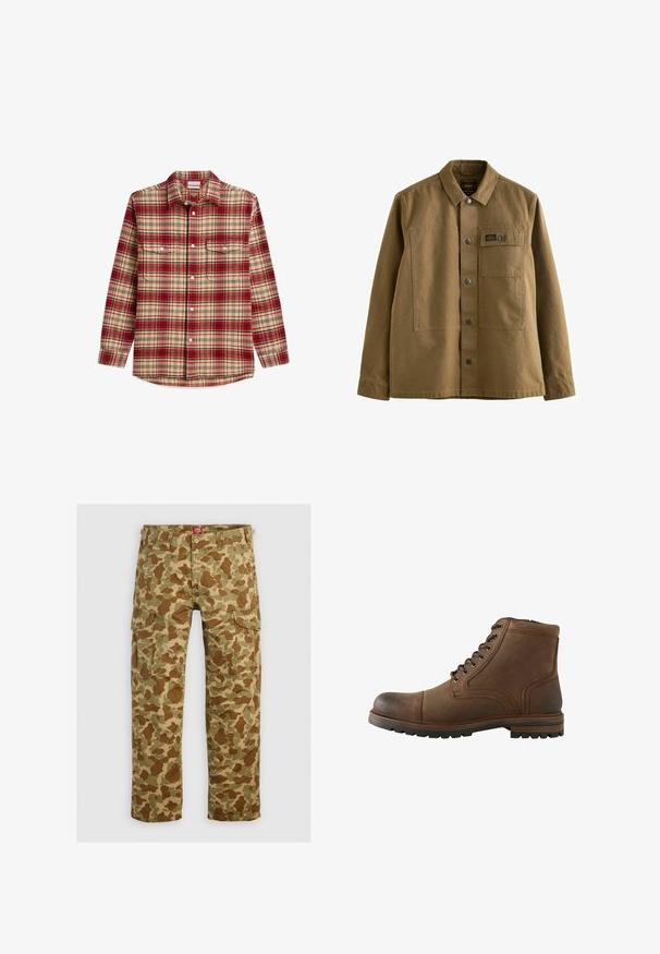 Chemise à manches longues boutonnée avec motif à carreaux rouge, crème et noir et deux poches poitrine avec rabats à boutons.; Veste en toile marron avec un col, fermeture par boutons sur le devant, deux poches poitrine et un tissu texturé. Design inspiré de l'armée.; Pantalons cargo camouflage dans des nuances variées de vert et de marron, dotés de plusieurs poches et d'une coupe décontractée, fabriqués en tissu résistant.; Bottine en cuir marron avec laçage à l'avant et semelle robuste, conçue pour une utilisation décontractée ou en extérieur.