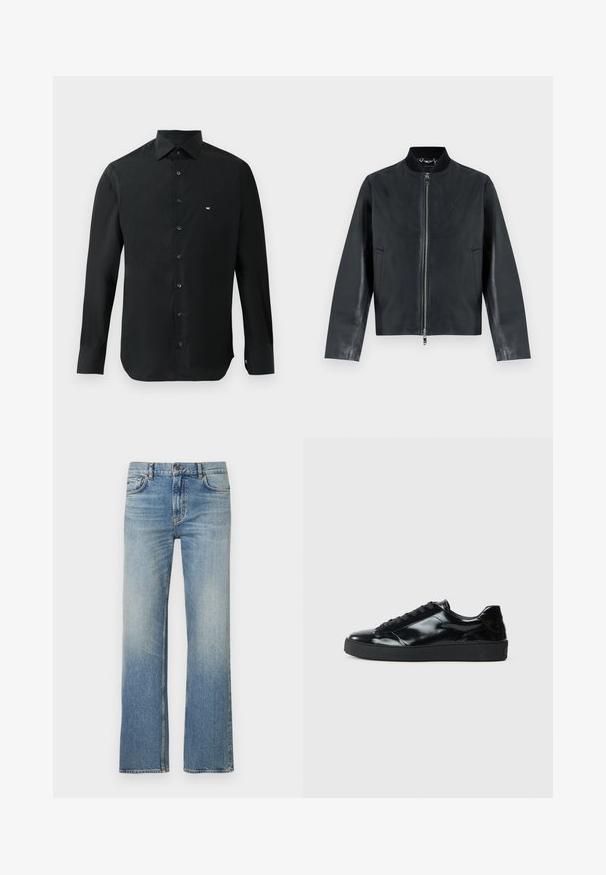 Chaqueta bomber de cuero negro con cremallera frontal, cuello acanalado y dos bolsillos laterales.; Camisa negra de manga larga hecha de tela suave, con cuello puntiagudo, botonera y un pequeño logo blanco en el lado izquierdo del pecho.; Vaqueros de mezclilla azul claro con corte de pierna recta, acabado desgastado, diseño clásico de cinco bolsillos y costuras en contraste.; Zapatillas de charol negro con punta redonda, diseño con cordones, suela de goma texturizada y acabado suave.