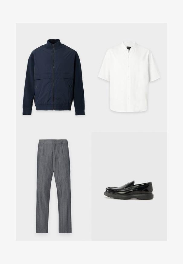 Veste bleu marine zippée intégrale avec col, poignets et ourlet côtelés, dotée de poches latérales boutonnées et d'un panneau avant en tissu lisse.; Chemise blanche à manches courtes avec col mandarin, présentée sur un fond gris clair uni.; Pantalon gris sur mesure avec un motif à fines rayures discret. Présente des plis à la taille et une coupe droite, confectionné dans un tissu lisse.; Mocassin en cuir noir avec une finition brillante, bout arrondi, détails de couture subtils et semelle en caoutchouc épaisse pour la durabilité.