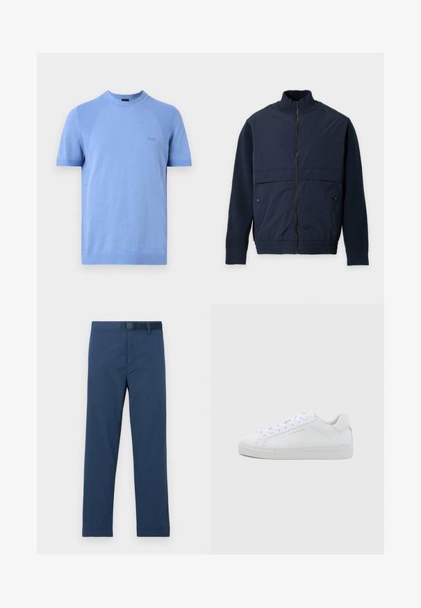 Veste bleu marine zippée intégrale avec col, poignets et ourlet côtelés, dotée de poches latérales boutonnées et d'un panneau avant en tissu lisse.; Chemise en maille bleu clair à manches courtes avec col rond et logo subtil "BOSS" sur la poitrine, présentée sur un fond uni.; Pantalon bleu marine en tissu lisse, avec une coupe régulière, des jambes droites et une fermeture à bouton et crochet à la taille.; Baskets basses en cuir blanc avec bout rond, lacets plats, semelle texturée et logo discret doré sur le côté. Surface lisse et design minimaliste.