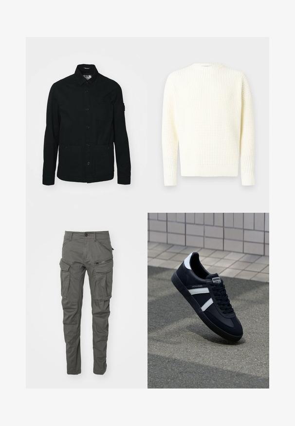 Sort, langærmet skjortejakke lavet af bomuld, med knaplukning foran, to store lommer foran og en lille brystlomme.; Pulloverstriktrøje i vaffelknit i off-white med rund halsudskæring, ribstrikkede manchetter og kant. Blød tekstur, afslappet pasform, lange ærmer.; Grå cargo bukser lavet af slidstærkt stof, med flere lommer, lynlåse, knaplukning og et tapered ben design.; Sort lædersneaker med hvide striber, tekstureret gummisål og snørrebånd foran. Har et brandet mærke på tungen.