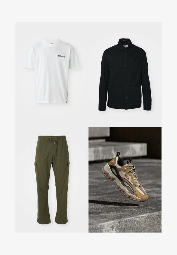 Sort, langærmet skjortejakke lavet af bomuld, med knaplukning foran, to store lommer foran og en lille brystlomme.; Hvid bomulds T-shirt med korte ærmer, prydet med et grønt "DICKIES ON THE ROAD AGAIN" logo på venstre bryst. Standard crew neck design.; Olivenfarvede cargo bukser med elastisk talje, snor og sidelommer. Stoffet virker blødt med en glat overflade.; Kraftig FILA-sneaker med beige, brune og tanfarvede paneler, tyk robust sål, mønstrede snørebånd og trækflipper, svævende over teksturerede betonstrin.