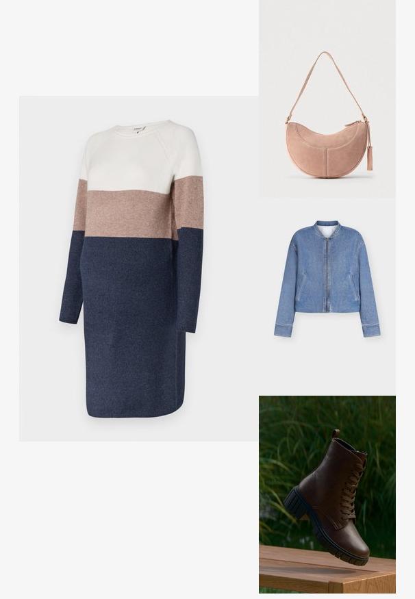Lyseblå denim bomberjakke med lynlås foran, to skrå lommer og ribbet krave, vist på en ensfarvet hvid baggrund.; Strikkjole med lange ærmer, der har et farveblok-design i creme, taupe og marineblå. Blød tekstur og rund halsudskæring.; Brun læder snørestøvle med tyk sort sål, der svæver over en træoverflade med grønne blade i baggrunden.; Lyserød ruskindshåndtaske med en buet, halvmåneform, en enkelt strop og lynlås. Har syningsdetaljer og en dusk som pynt.
