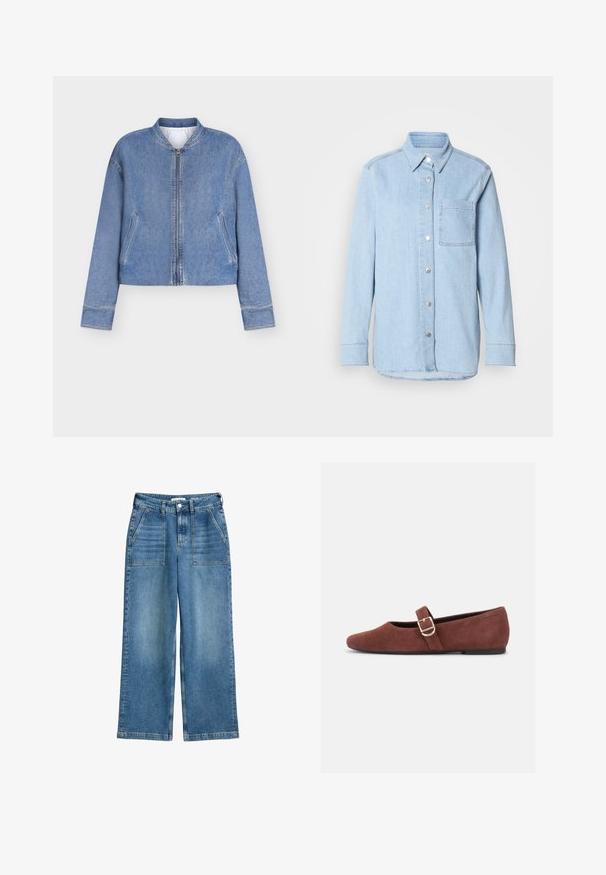 Lichtblauwe denim bomberjack met voorrits, twee schuine zakken en geribbelde kraag, weergegeven op een effen witte achtergrond.; Lichtblauwe denim shirt met een knoopsluiting aan de voorkant, puntige kraag, één borstzak en lange mouwen met knoopmanchetten.; Hoge taille wijde spijkerbroek in blauw denim, met voorzakken, riemlussen en een sluiting met knoop en rits aan de voorkant.; Bruine suède Mary Jane platte schoen met een gouden gespsluiting en zwarte zool op een witte achtergrond.