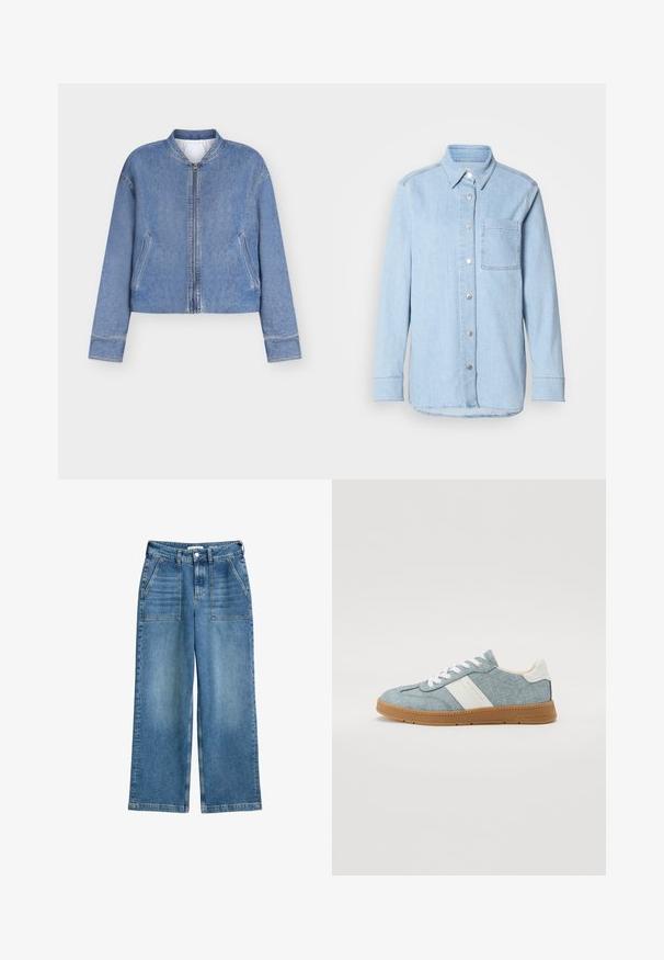 Lichtblauwe denim bomberjack met voorrits, twee schuine zakken en geribbelde kraag, weergegeven op een effen witte achtergrond.; Lichtblauwe denim shirt met een knoopsluiting aan de voorkant, puntige kraag, één borstzak en lange mouwen met knoopmanchetten.; Hoge taille wijde spijkerbroek in blauw denim, met voorzakken, riemlussen en een sluiting met knoop en rits aan de voorkant.; Denim canvas sneaker met lichtblauwe bovenkant, witte zijstreep en rubberen gumzool. Voorzien van witte veters en een gevoerde kraag.