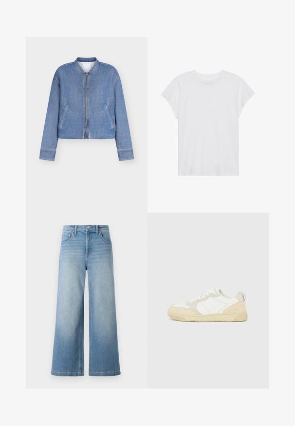 Hellblaue Jeans-Bomberjacke mit durchgehendem Reißverschluss, zwei schrägen Taschen und geripptem Kragen, dargestellt vor einem schlichten weißen Hintergrund.; Weißes kurzärmliges T-Shirt mit Rundhalsausschnitt, lockerer Passform, aus weichem Baumwollstoff. Glatte Textur, keine Muster oder Logos.; Helles, blaues Denim-Hos mit weitem Bein, hohem Bund, fünf Taschen, sichtbaren Nähten und einem Knopfverschluss vorne.; Weißer und beiger Sneaker mit Obermaterial aus Wildleder und Textil, kontrastierenden Nähten, einer Gummisohle und einem hellblauen Akzent an der Ferse.