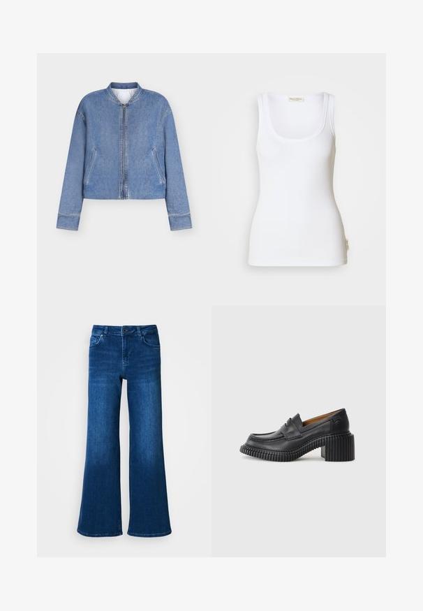 Lichtblauwe denim bomberjack met voorrits, twee schuine zakken en geribbelde kraag, weergegeven op een effen witte achtergrond.; Witte geribbelde tanktop met een ronde halslijn en brede schouderbanden. Voorzien van een logolabel aan de zijkant van de zoom. Gemaakt van zachte, rekbare stof.; Blauwe denim wijde broek met hoge taille, heeft vijf zakken, knoop- en ritsluiting, en een gladde, gelijkmatige textuur.; Zwarte leren instappers met een dikke, geribbelde rubberen hak. Voorzien van een ronde neus en een horizontale band over de wreef. Textuurondergrond.