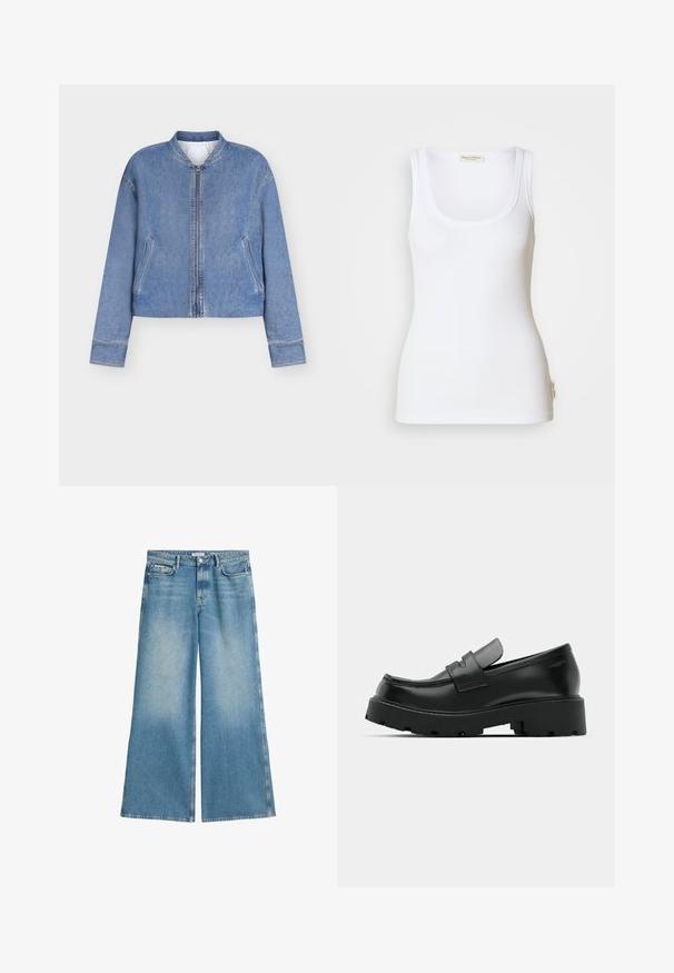 Hellblaue Jeans-Bomberjacke mit durchgehendem Reißverschluss, zwei schrägen Taschen und geripptem Kragen, dargestellt vor einem schlichten weißen Hintergrund.; Weißes, geripptes Tanktop mit Rundhalsausschnitt und breiten Trägern. Mit einem Logolabel am seitlichen Saum. Hergestellt aus weichem, dehnbarem Stoff.; Hellblaue Jeans mit weitem Bein aus Denim, mit einem ausgewaschenen Finish, zwei vorderen Taschen und einem standardmäßigen Knopfverschluss.; Schwarze Leder-Loafers mit einer chunky strukturierten Sohle, ausgestattet mit einem Riemen über dem Spann und einer glatten, polierten Oberfläche.
