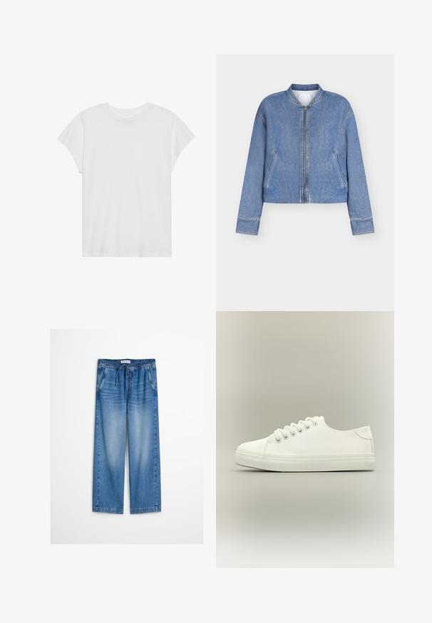 Veste bombeuse en denim bleu clair avec fermeture éclair à l'avant, deux poches en biais et col côtelé, présentée sur un fond blanc uni.; T-shirt blanc à manches courtes, col rond, coupe décontractée, en tissu de coton doux. Texture lisse, sans motifs ni logos.; Pantalon en jean bleu clair à jambes larges avec taille élastique et cordon de serrage, présentant un léger délavage et une coupe décontractée.; Baskets basses blanches avec lacets blancs et semelle en caoutchouc, vues de côté sur un fond neutre.