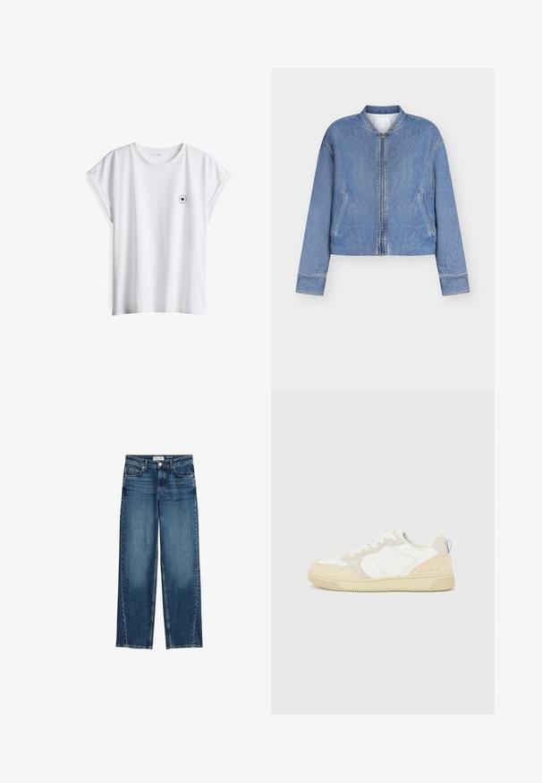 Lichtblauwe denim bomberjack met voorrits, twee schuine zakken en geribbelde kraag, weergegeven op een effen witte achtergrond.; Witte katoenen t-shirt met korte opgerolde mouwen en een ronde hals, met een klein zwart bedrukt hartlogo op de linkerkant van de borst.; Blauwe jeans met rechte pijpen, knoop- en ritssluiting aan de voorkant, ceintuurlussen en ontwerp met vijf zakken op een witte achtergrond.; Witte en beige sneaker met een bovenwerk van suède en textiel, voorzien van contrasterende stiksels, een rubberen zool en een lichtblauwe accenten op de hiel.