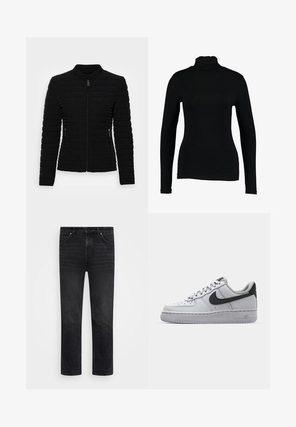 Blouson rembourré noir avec fermeture éclair à l'avant, col montant, tissu texturé avec coutures verticales et deux poches latérales zippées.; T-shirt noir à manches longues et col roulé en tissu lisse, avec une coupe ajustée et un col haut, idéal pour les superpositions ou à porter seul.; Marc O'Polo TROUSER STRAIGHT FIT CROPPED LENGTH - Jean droit - dark grey stone wash; Sneaker en cuir blanc avec accents gris, bout rond, surface texturée, col rembourré et logo swoosh noir contrastant. Semelle avec coussin d'air.