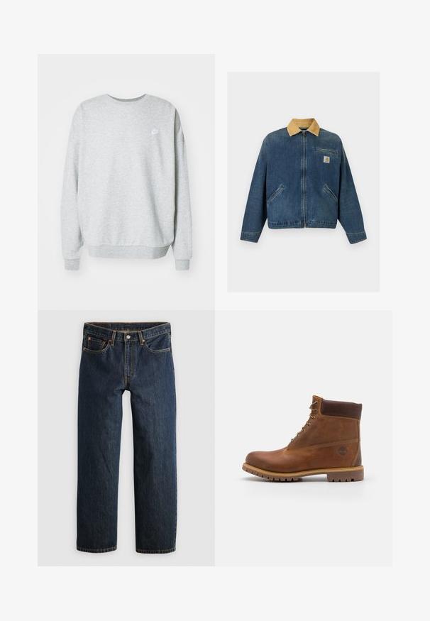 Veste en denim avec col en velours côtelé beige, fermeture éclair avant, deux poches mains et une poche poitrine avec patch logo Carhartt.; Sweatshirt gris en tissu mélangé coton, avec un col rond, des épaules tombantes et un petit logo blanc sur la poitrine.; Jean en denim bleu foncé avec une coupe droite. Comprend cinq poches, des surpiqûres contrastantes et une fermeture à bouton à la taille.; Botte de randonnée en cuir marron avec une finition lisse, cheville rembourrée, œillets en métal et semelle en caoutchouc dotée d'un motif de crampons robuste.