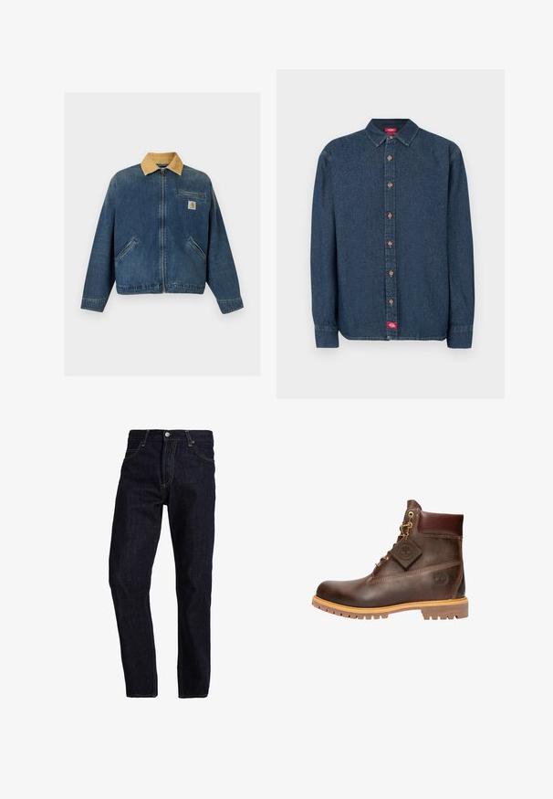 Denimjack met een tan kleurige corduroy kraag, ritssluiting aan de voorkant, twee handzakken en een borstzak met Carhartt-logo patch.; Donkerblauw denim overhemd met knopen, een spitse kraag, lange mouwen en koperen knopen. Heeft een klein rood label aan de linkerkant.; Donkerblauwe spijkerbroek met een rechte pasvorm, voorzien van gele stiksels, vijf zakken en een klassieke knoop- en ritsluiting.; Bruine leren enkelboot met een ronde neus, stevige zool, hardware in goudkleur en een gestructureerde bovenkant. Inclusief een merklabel dat is bevestigd.