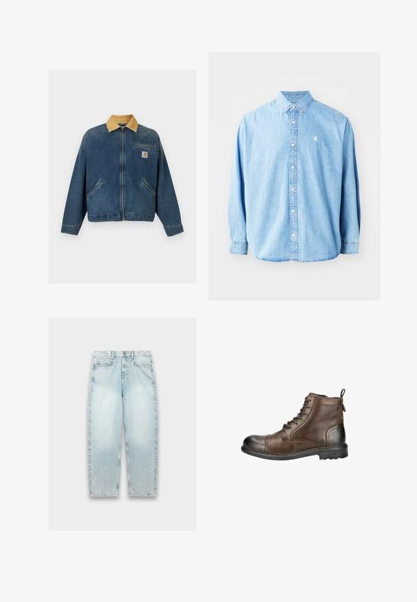Denimjack met een tan kleurige corduroy kraag, ritssluiting aan de voorkant, twee handzakken en een borstzak met Carhartt-logo patch.; Lichtblauwe denim overhemd met knopen en lange mouwen, puntkraag en een klein logo op de linkerborst. Heeft een ontspannen pasvorm en een klassiek ontwerp.; Lichtblauwe denim jeans met een losse pasvorm, rechte pijpen, vervaagd textuur, vijf-pocket ontwerp en metalen knoopsluiting bij de taille.; Bruine leren enkelboot met een ronde neus, vetersluiting aan de voorkant en een lip aan de achterkant. Voorzien van een robuuste zool met profiel voor grip.