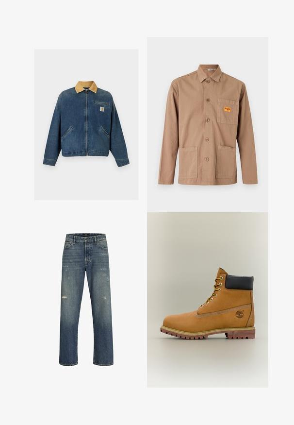 Farkkutakki, jossa vaaleanruskea corduroy-kaulus, etuvetoketju, kaksi käsitaskua ja rintatasku, jossa Carharttin logopatch.; Beige pitkähihaisen napillisen takki kauluksella, kolmella etutaskulla ja pienellä oranssilla patchilla rintataskussa.; Siniset farkut suoralla lahkeella, joissa on kevyt kulutus, tavallinen vyötärö nappikiinnityksellä ja viisi taskua.; Ruskeat nahkaiset nilkkurit, joissa musta kaulus, keltaiset nauhat ja vaalea pohja. Varustettu logolla ja valkoisilla sauman yksityiskohdilla. Kestävä, pitävä ulkopohja.