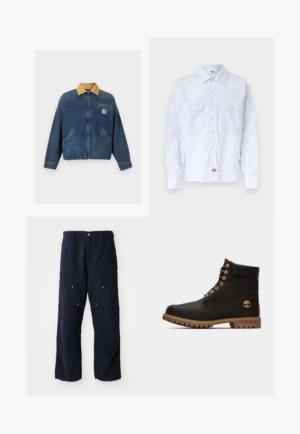 Chaqueta vaquera con cuello de pana marrón claro, cremallera frontal, dos bolsillos para las manos y bolsillo en el pecho con parche del logo de Carhartt.; Camisa blanca abotonada con finas rayas verticales azules, dos bolsillos en el pecho con botones en la parte delantera y un pequeño parche con logo en el dobladillo inferior.; Pantalones de pierna ancha color azul marino, hechos de algodón con un acabado texturizado. Presenta dos bolsillos delanteros con acentos de botón y un cierre delantero con botón.; Bota de cuero negro de tobillo con ojales dorados, acentos marrones y suela de goma. Presenta un cuello acolchado y un logotipo en relieve en el costado.