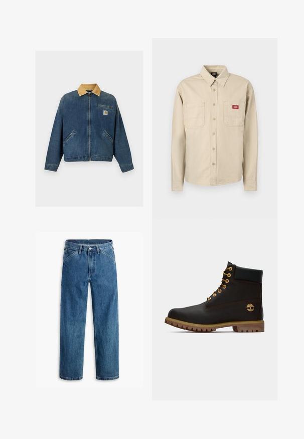 Jeansjacke mit tanfarbenem Cordkragen, Frontreißverschluss, zwei Handtaschen und Brusttasche mit Carhartt-Logo-Patch.; Beige-weiß gestreiftes Hemd mit langen Ärmeln zum Knöpfen, mit Kragen, zwei Brusttaschen und einem roten Dickies-Logo-Patch auf der rechten Tasche.; Blaue Jeans mit geradem Bein, Vordertaschen, Gürtelschlaufen, Metallknopf und Reißverschluss auf weißem Hintergrund.; Schwarze Leder-Ankle-Boots mit goldenen Ösen, braunen Akzenten und einer Gummisohle. Verfügt über einen gepolsterten Schaft und ein geprägtes Logo an der Seite.