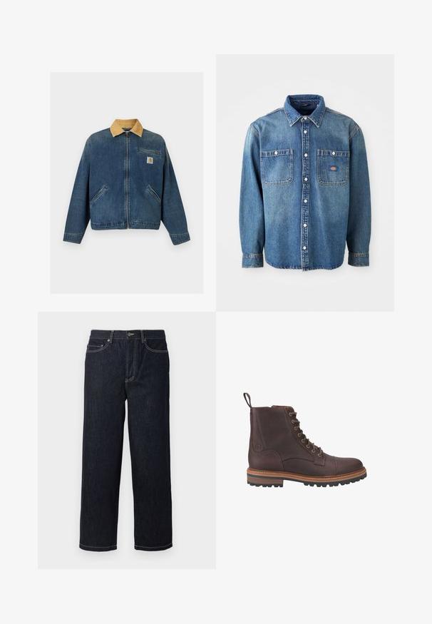 Jeansjacke mit tanfarbenem Cordkragen, Frontreißverschluss, zwei Handtaschen und Brusttasche mit Carhartt-Logo-Patch.; Jeanshemd in Mittelblau, mit spitzem Kragen, zwei Brusttaschen und silbernen Knöpfen. Lange Ärmel mit Knopfmanschetten.; Dunkelblaue gerade geschnittene Jeans aus Denim mit fünf Taschen und weißen Kontrastnähten, Knopfverschluss und Gürtelschlaufen.; Braune Leder-Stiefeletten mit Schnürung, strukturierter Oberfläche, kontrastierenden beigen Sohlen und Metallösen. Verfügen über eine Lasche zum einfachen An- und Ausziehen.