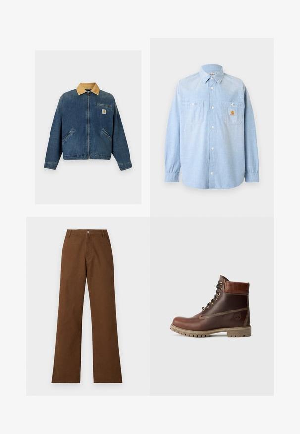 Denimjakke med tan fløjlsomslag, lynlås foran, to håndlommer og brystlomme med Carhartt-logo.; Lyseblå skjorte med lange ærmer og knapper, med to forlommer, hvoraf den ene har et Carhartt-logo og subtile hvide malersprøjt.; Brune bomuldsbukser med lige ben, knaplukning og to forlommer. Glat tekstur uden synlige mønstre eller udsmykninger.; Brun læder snørebånd ankelstøvle med polstret krave, kontrastsyning og robust sål, vist fra ydersiden på en hvid baggrund.