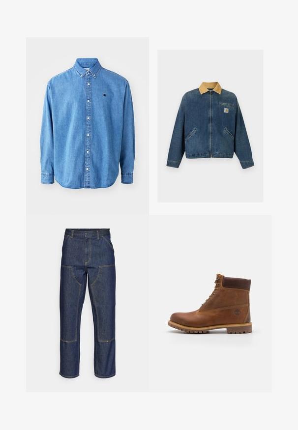 Denimjakke med tan fløjlsomslag, lynlås foran, to håndlommer og brystlomme med Carhartt-logo.; Denim button-down skjorte, lyseblå i farven, med krave, lange ærmer og et lille logo på brystet. Har hvide knapper og syninger.; Mørkeblå denim jeans med høj talje, lige ben-design, kontrastsyninger og lappelommer foran.; Brun læder vandrestøvle med en glat finish, polstret ankel, metalliske snørehuller og en gummisål med et robust dækmønster.