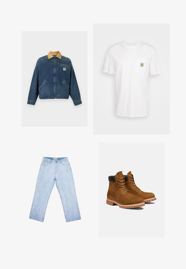 Denimjakke med tan fløjlsomslag, lynlås foran, to håndlommer og brystlomme med Carhartt-logo.; Hvid bomulds T-shirt med korte ærmer, en brystlomme, og et lille firkantet logo patch i orange og hvid på lommen.; Lyseblå jeans med høj talje og lige ben, forlommer, bæltestropper, knaplukning og en mærket inderlabel ved linningen.; Brune ruskinds ankelstøvler med en polstret sort krave, gyldne snørehuller og en tyk gummisål med en mønster, der giver godt greb.