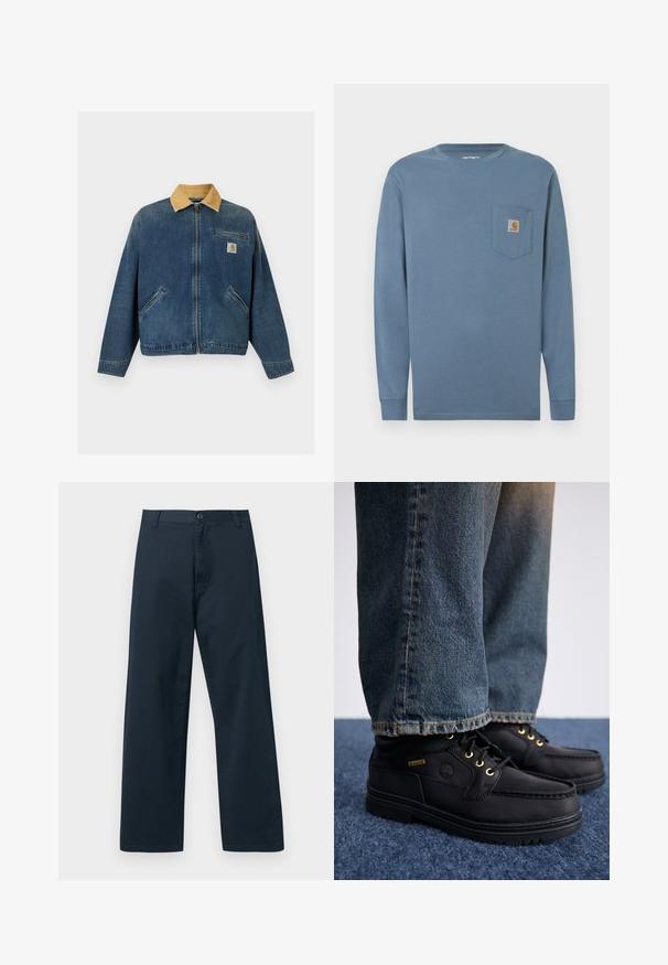 Denimjakk tan-värvi sametkraega, eesmine tõmblukk, kaks käetaskut ja rindade tasku Carhartti logoga.; Pikkade varrukatega sinine puuvillane särk ümmarguse kaelusega, vasakul rinnal tasku ja Carhartti logo silt. Pehme tekstuur, sirge äär ja kinnitatud varrukad.; Tumesinised, laia säärega püksid vööaasade, nööbi kinnituse ja esiluku detailiga valgel taustal.; Mustad nahast kingad kullavärvi silmadega ja tekstuuriga pinnaga, millele on sobitatud sinised teksad. Kingadel on kihiline tall ning brändingudetail.