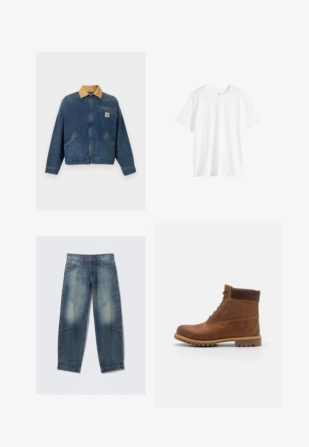 Denimjakke med tan fløjlsomslag, lynlås foran, to håndlommer og brystlomme med Carhartt-logo.; Hvid, kortærmet T-shirt med rund hals og lille logo på venstre side af brystet, vist på en hvid baggrund.; Lyseblå denimjeans med løs pasform, med falmede pletter, frontlommer og diagonale sømdetaljer. Design med lige ben.; Brun læder vandrestøvle med en glat finish, polstret ankel, metalliske snørehuller og en gummisål med et robust dækmønster.