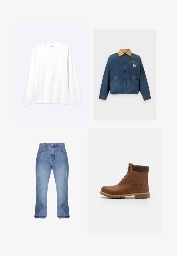 Chaqueta vaquera con cuello de pana marrón claro, cremallera frontal, dos bolsillos para las manos y bolsillo en el pecho con parche del logo de Carhartt.; Camisa blanca lisa de manga larga con cuello redondo y puños acanalados, mostrada sobre un fondo claro y neutro.; Jeans de mezclilla azul claro con cintura alta, corte recto y bajos ligeramente acampanados. Presenta un estilo clásico de cinco bolsillos y pasadores para cinturón.; Botas de senderismo de cuero marrón con un acabado suave, tobillo acolchado, ojales de metal y suela de goma con un patrón de tracción robusto.
