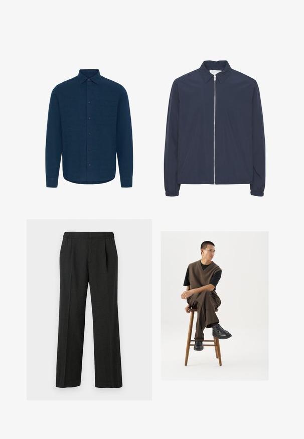 Solid SDELMER - Veste mi-saison - insignia blue; Chemise bleu marine à manches longues avec col et poche poitrine, comportant des boutons noirs sur le devant et des manches retroussées.; Pantalons larges noirs avec une taille élastique, un devant plissé et une texture lisse. Pas de motifs visibles ni de détails en quincaillerie.; Gilet en tricot marron sur un t-shirt noir, associé à un pantalon large marron et des chaussures noires à semelles épaisses, assis sur un tabouret en bois.
