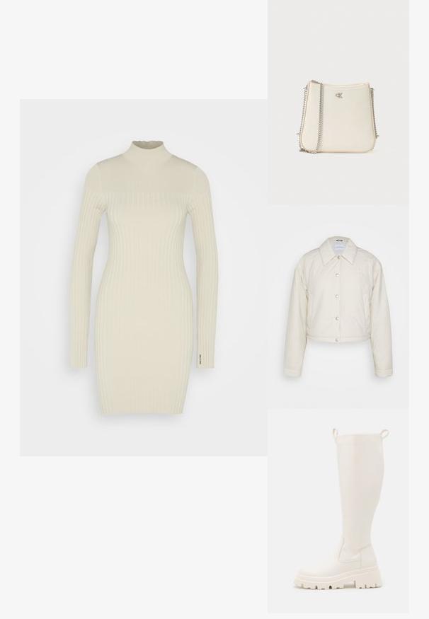 Calvin Klein Jeans CROPPED COACH JACKET - Übergangsjacke - eggshell; Calvin Klein ICONIC MINI DRESS - Etuikleid - oxford tan; Knöchelhohe weiße Gummistiefel mit einer robusten Sohle und elastischen seitlichen Einsätzen. Verfügt über Zuglaschen an der Oberseite für leichteres Anziehen. Glatte Textur.; Weiße Handtasche aus Kunstleder mit geschwungener Form. Ausgestattet mit einem silbernen Kettenriemen und einem kleinen Logo-Detail auf der Vorderseite. Sauberes Design.