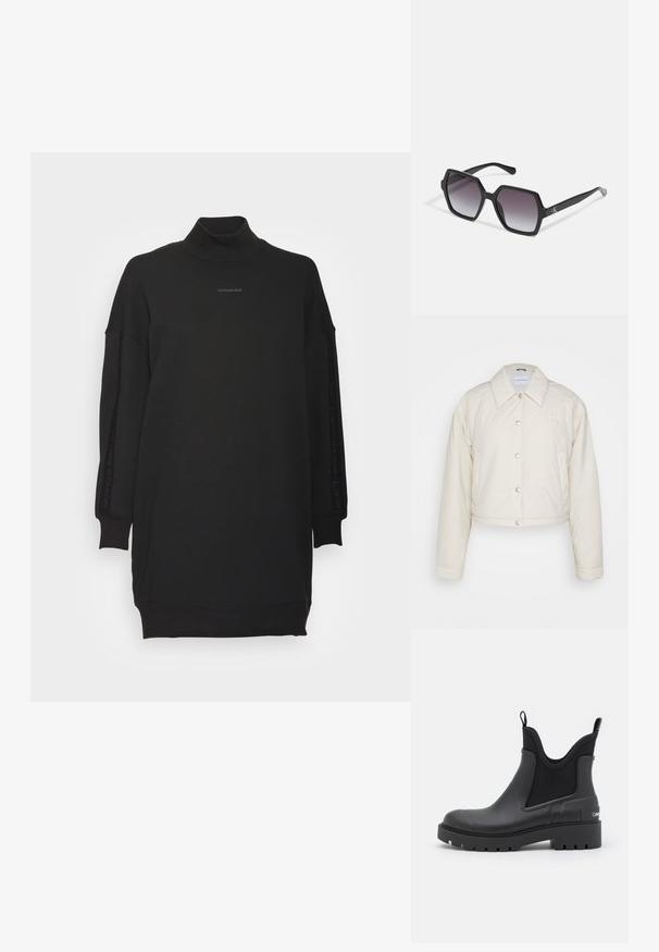 Calvin Klein Jeans CROPPED COACH JACKET - Chaqueta de entretiempo - eggshell; Calvin Klein Jeans LOGO TRIM MOCK NECK DRESS - Vestido informal - black; Botín negro de caucho con un acabado mate, paneles laterales elásticos, tirador y una suela gruesa con dibujo. Presenta un logo en el talón.; Gafas de sol hexagonales negras con lentes degradados, que presentan un acabado brillante y un sutil branding en la patilla. Construcción de plástico duradero.