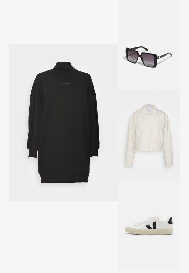 Calvin Klein Jeans CROPPED COACH JACKET - Chaqueta de entretiempo - eggshell; Calvin Klein Jeans LOGO TRIM MOCK NECK DRESS - Vestido informal - black; Zapatilla de cuero blanca con logo V de goma negra. Suela texturizada en blanco roto, cordones blancos y detalle en el talón trasero con el nombre de la marca en negro.; Gafas de sol cuadradas negras con lentes degradados grises. Montura brillante con líneas elegantes. Acento de logo plateado en las patillas.
