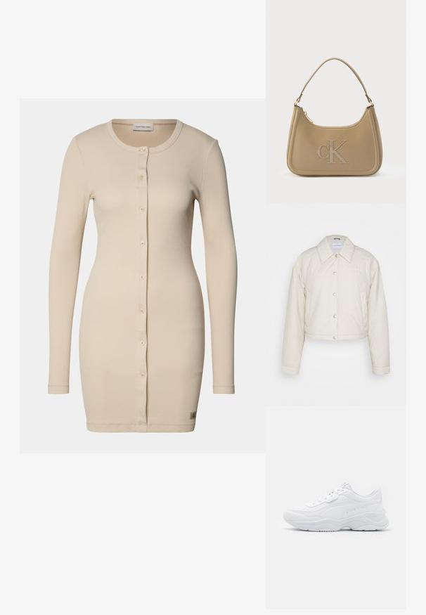 Calvin Klein Jeans CROPPED COACH JACKET - Ľahká bunda - eggshell; Beige pruhovaný pletený kardigán s dlhými rukávmi, zaobleným výstrihom a predným gombíkovým zapínaním. Má malé logo na leme.; Biele športové tenisky so hladkým koženým zvrškom, okrúhlou špičkou, hrubou podrážkou a perforovanými detailmi na bokoch.; Kabelka Calvin Klein z taupe kože s hladkou textúrou, zakriveným tvarom, vyrazeným logom "CK" a jednoduchým ramenným popruhom. Vrch na zips.