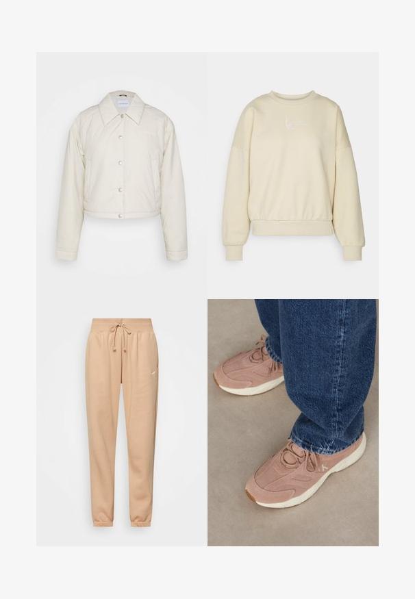 Calvin Klein Jeans CROPPED COACH JACKET - Chaqueta de entretiempo - eggshell; Sudadera beige con cuello redondo, hombros caídos y cinturilla elástica. Presenta texto bordado en blanco en el pecho. Textura de tela suave.; Pantalones sudados beige hechos de una suave mezcla de algodón, con una cintura elástica y cordón ajustable, y puños en los tobillos. Detalle de un pequeño logotipo.; Zapatillas deportivas de un rosa claro con una parte superior de ante texturizado, que presentan una suela blanca y un branding sutil, combinadas con jeans de mezclilla azul oscuro.