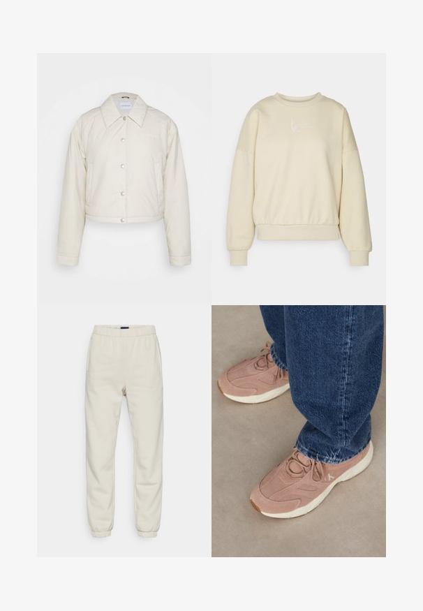 Calvin Klein Jeans CROPPED COACH JACKET - Chaqueta de entretiempo - eggshell; Sudadera beige con cuello redondo, hombros caídos y cinturilla elástica. Presenta texto bordado en blanco en el pecho. Textura de tela suave.; Pantalones de chándal color crema hechos de material suave, con una cintura elástica, bolsillos laterales y puños en los tobillos.; Zapatillas deportivas de un rosa claro con una parte superior de ante texturizado, que presentan una suela blanca y un branding sutil, combinadas con jeans de mezclilla azul oscuro.